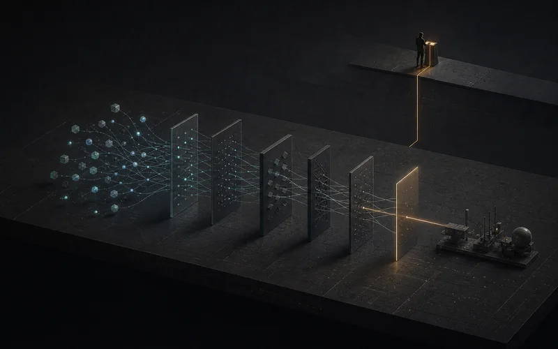 Conceptual illustration showing AI-generated actions flowing through evaluation gates, trust boundaries, verification steps, and human approval before reaching real-world systems.