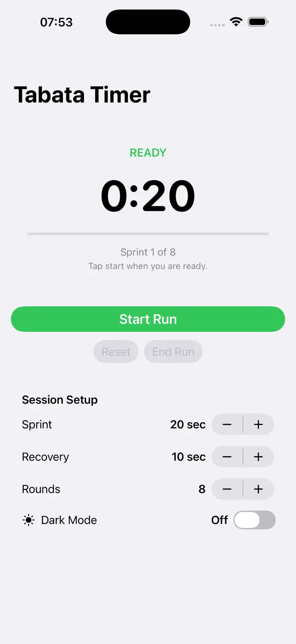 Askesis-IO in the Ready state — light mode, session setup for sprint, recovery, and rounds