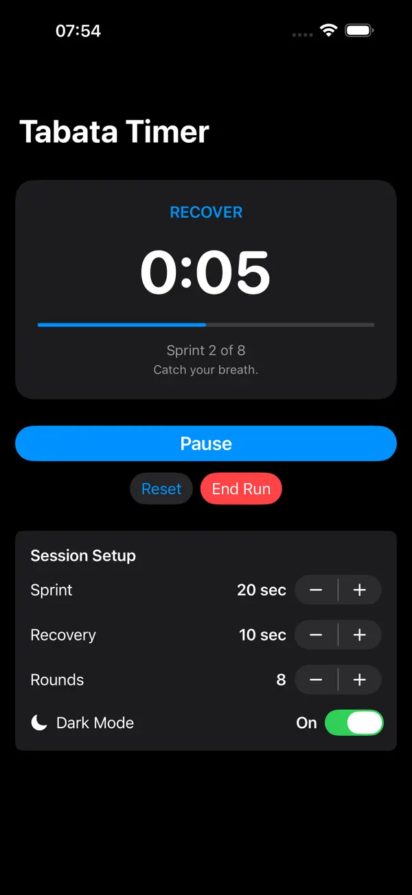 Askesis-IO in the Recover state — dark mode, blue rest interval between sprints