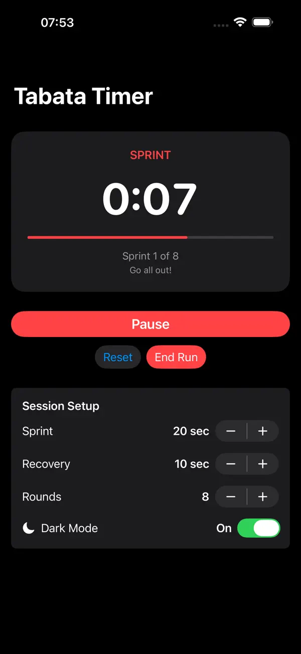 Askesis-IO in the Sprint state — dark mode, red work interval counting down