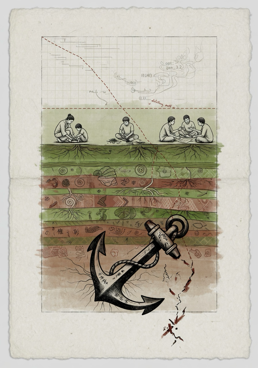 A stratigraphic editorial plate showing living biological and cultural layers beneath synthetic top layers, with a dark anchor embedded in the deep reserve.