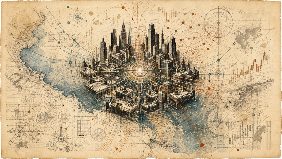 Engraved atlas plate of towers, drafting tables, network lines, and market traces converging into a bright idea-city node.
