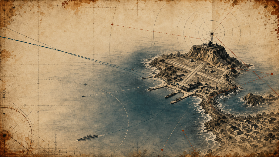 Engraved atlas plate of a small strategic island with radar arcs, runway geometry, harbor lines, distant control routes, and civilian houses at the grid edge.
