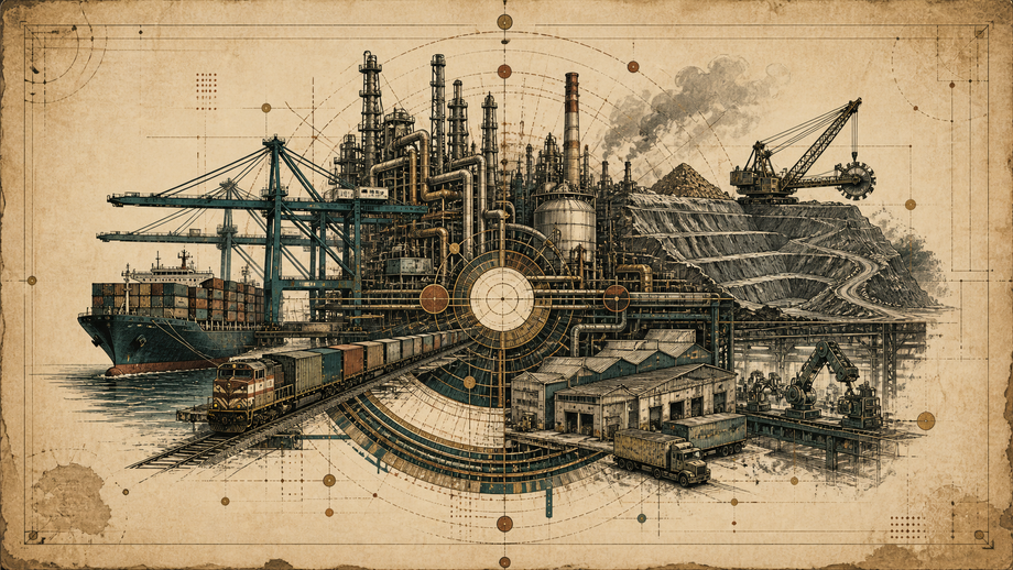 Engraved atlas plate of port cranes, freight rail, refinery pipes, warehouses, factory machinery, and open-pit extraction fused into one physical-economy machine.