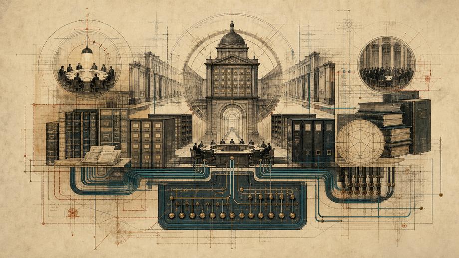 Engraved atlas plate of institutional halls, legal books, filing cabinets, treaty tables, and procedural channels feeding an administrative switchboard.