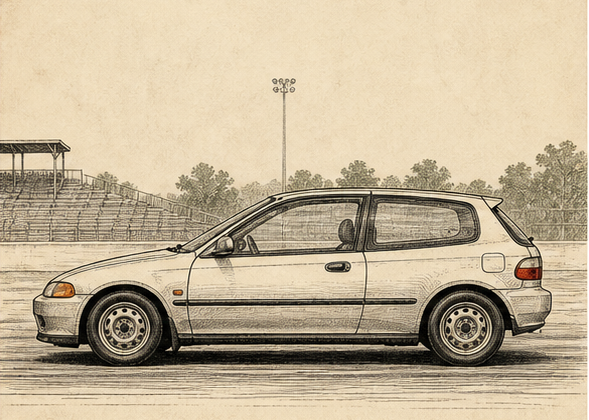 A modest compact hatchback illustrated on a drag strip