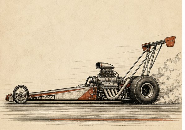A Top Fuel dragster illustrated in profile with exposed engine and rear slicks