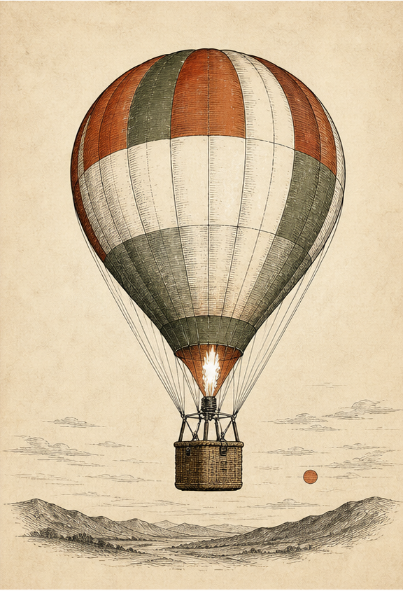 Hot-air balloon rendered as an aged-paper technical illustration