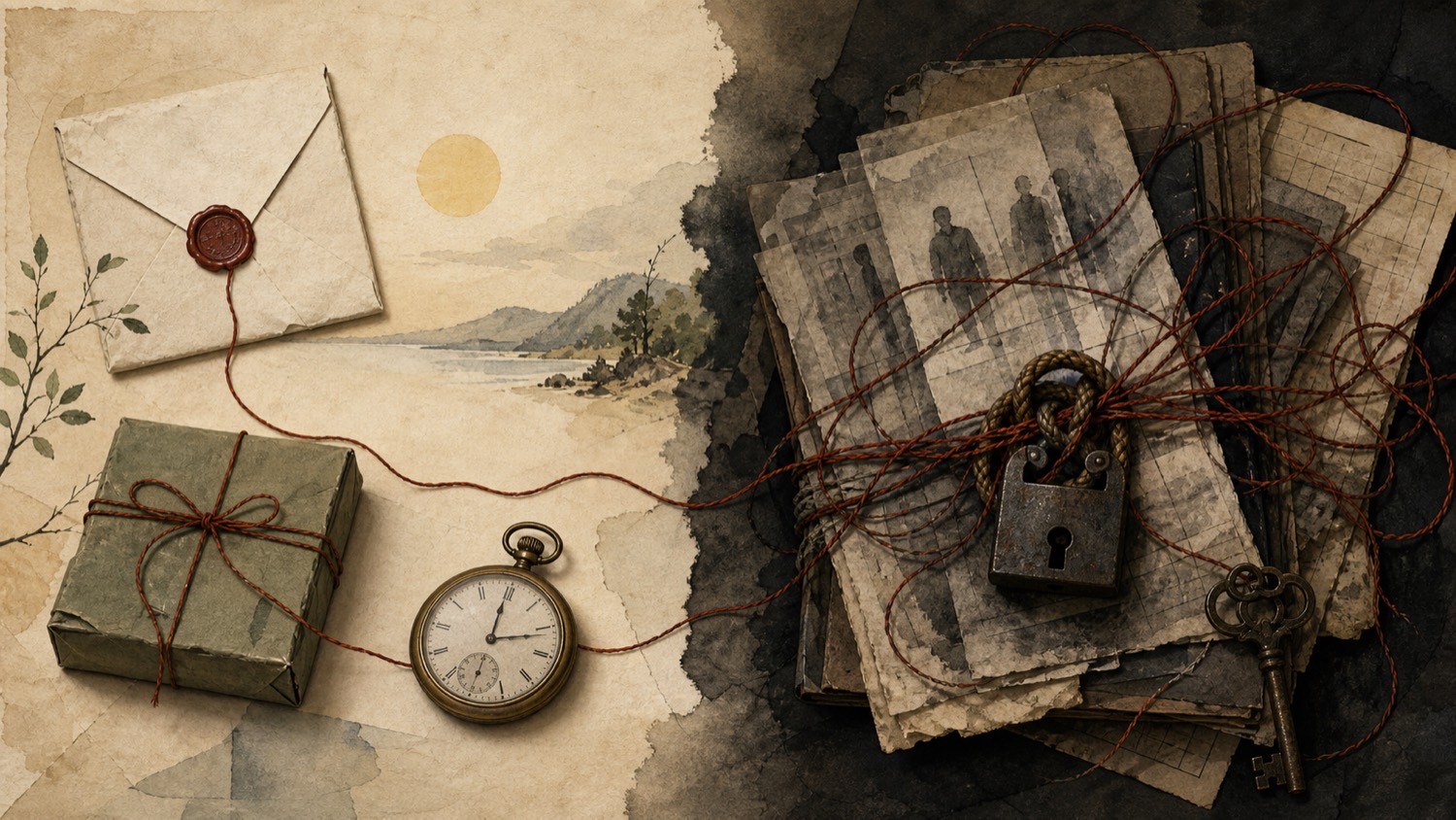 A quiet still life contrasting a sealed envelope and timed gift in clear light with a tangled locked bundle of papers and red thread in shadow.