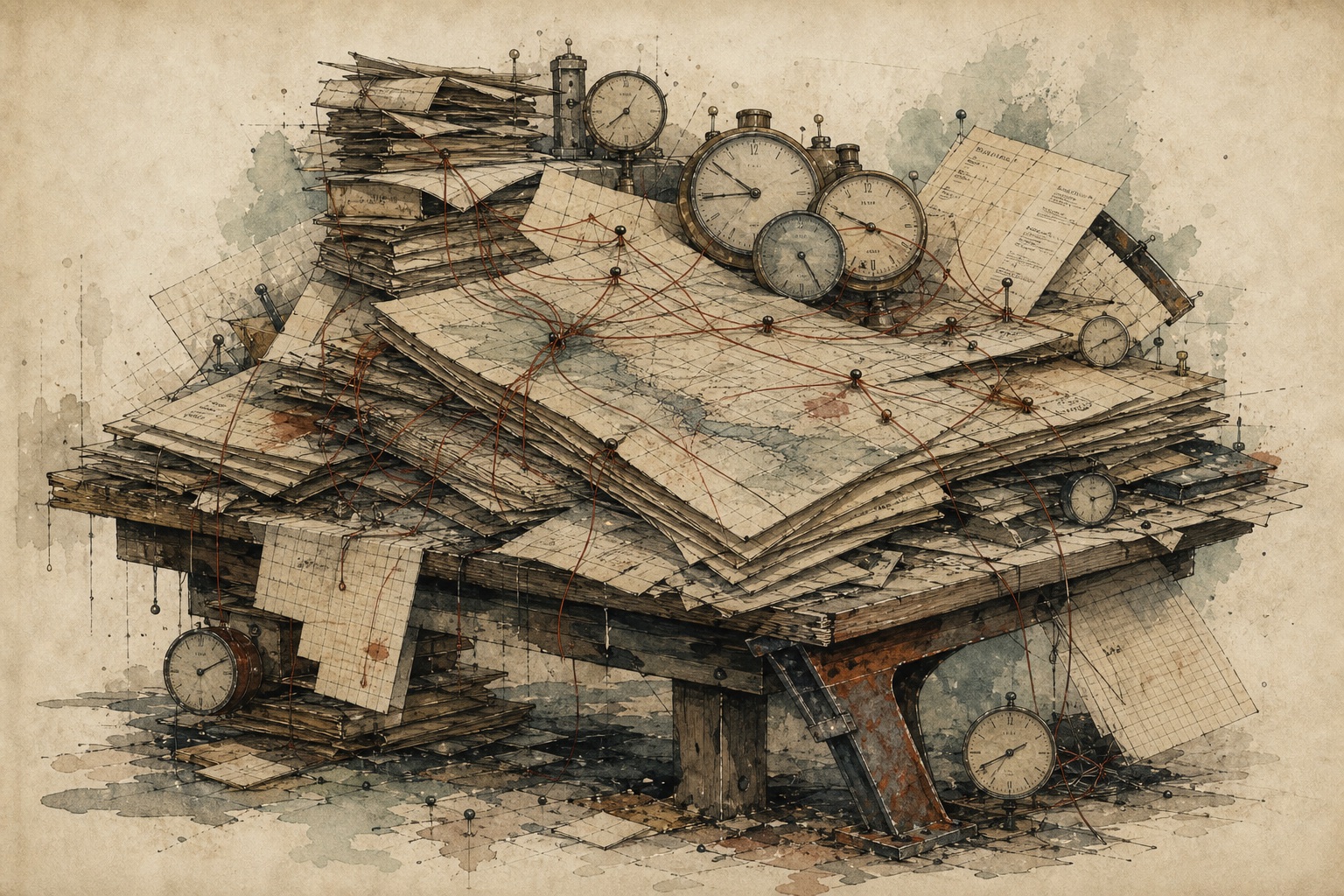 Stacks of papers, maps, clocks, wires, and a strained support beam showing a system carrying more than it can keep current.