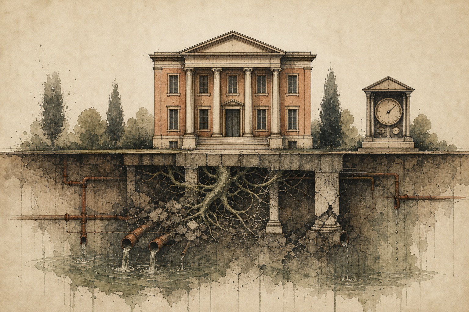 An intact institutional building above ground while roots and foundations beneath it are cracked and drained.