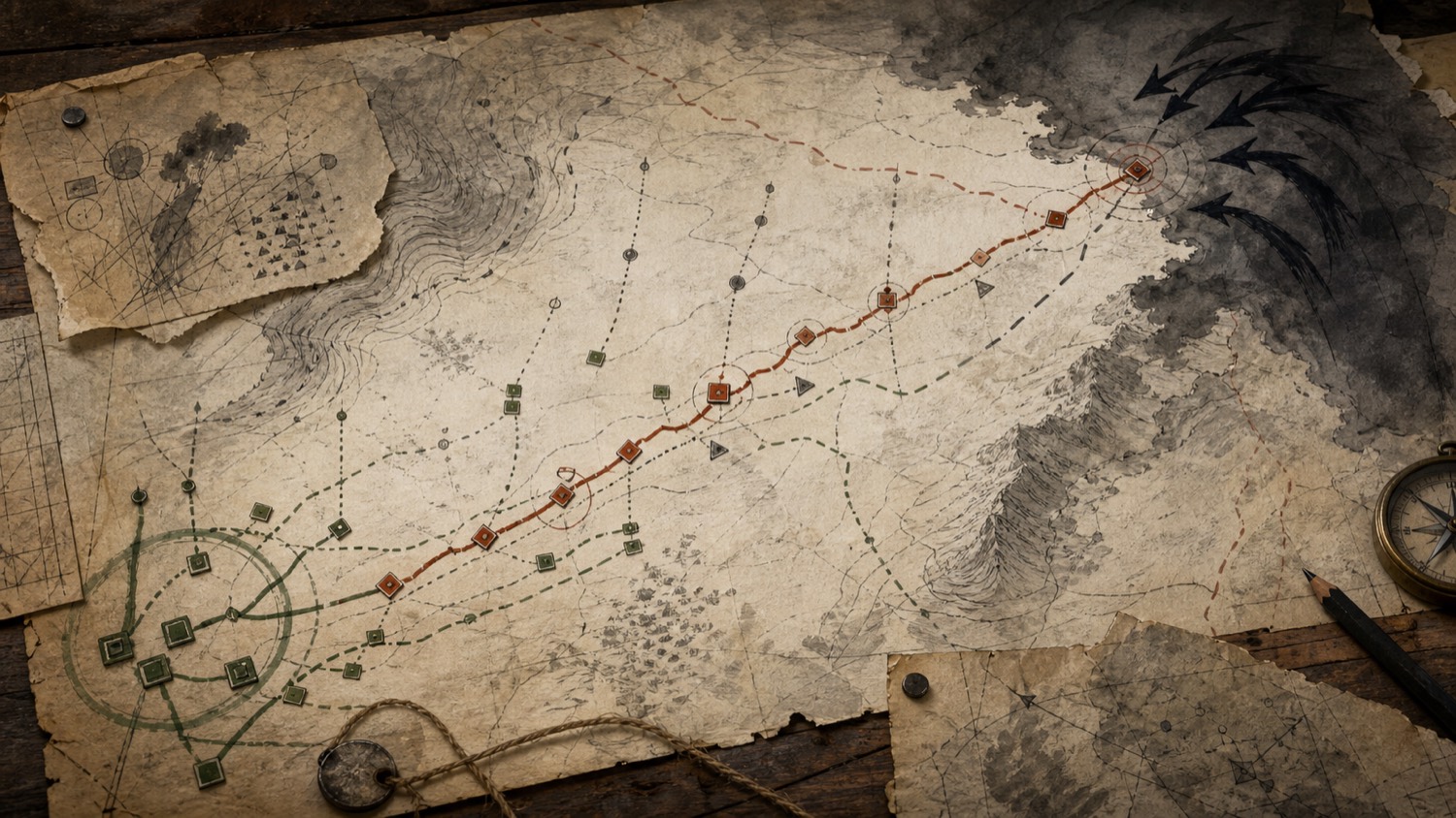 A campaign map with a rust-colored line advancing too far from its base while darker arrows gather at the exposed edge.