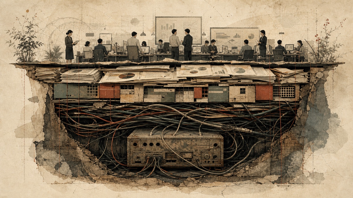 A cutaway office scene with new dashboards and workers above an old buried server carrying a tangle of cables underneath.