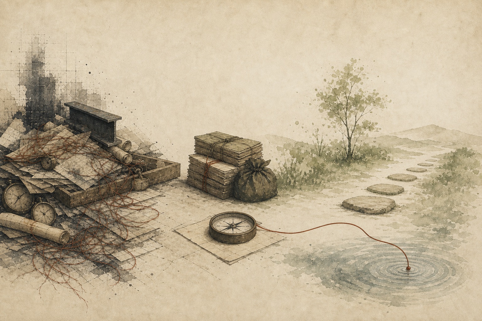 A cluttered pile set aside, a cleared path, and one rust-colored feedback line reaching a water ripple.