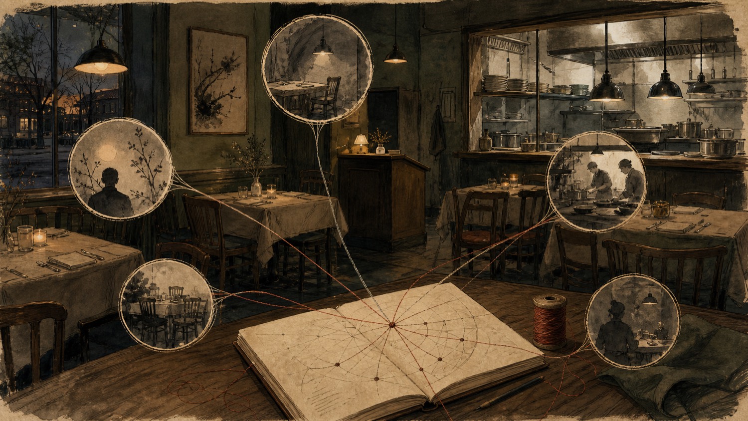 A quiet neighborhood restaurant at dusk with empty tables, a kitchen pass, and thread lines from a notebook to different parts of the room.