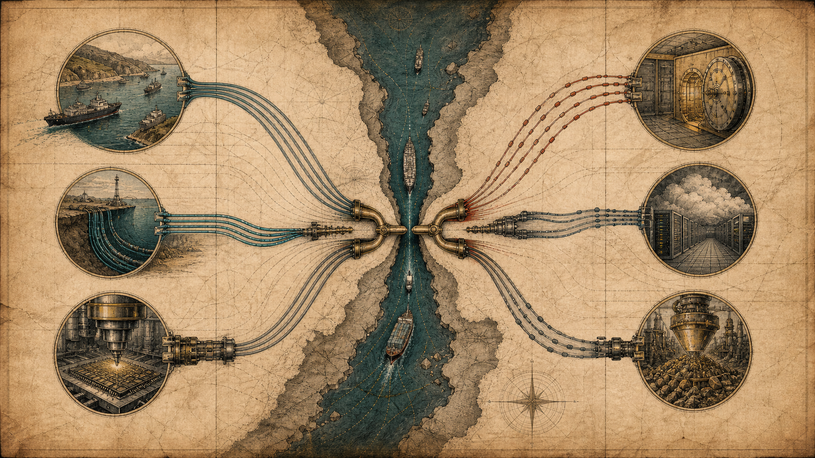 Atlas cross-section showing ships, undersea cables, chip fabrication, cloud infrastructure, payment rails, and refining systems narrowed into pressure points.