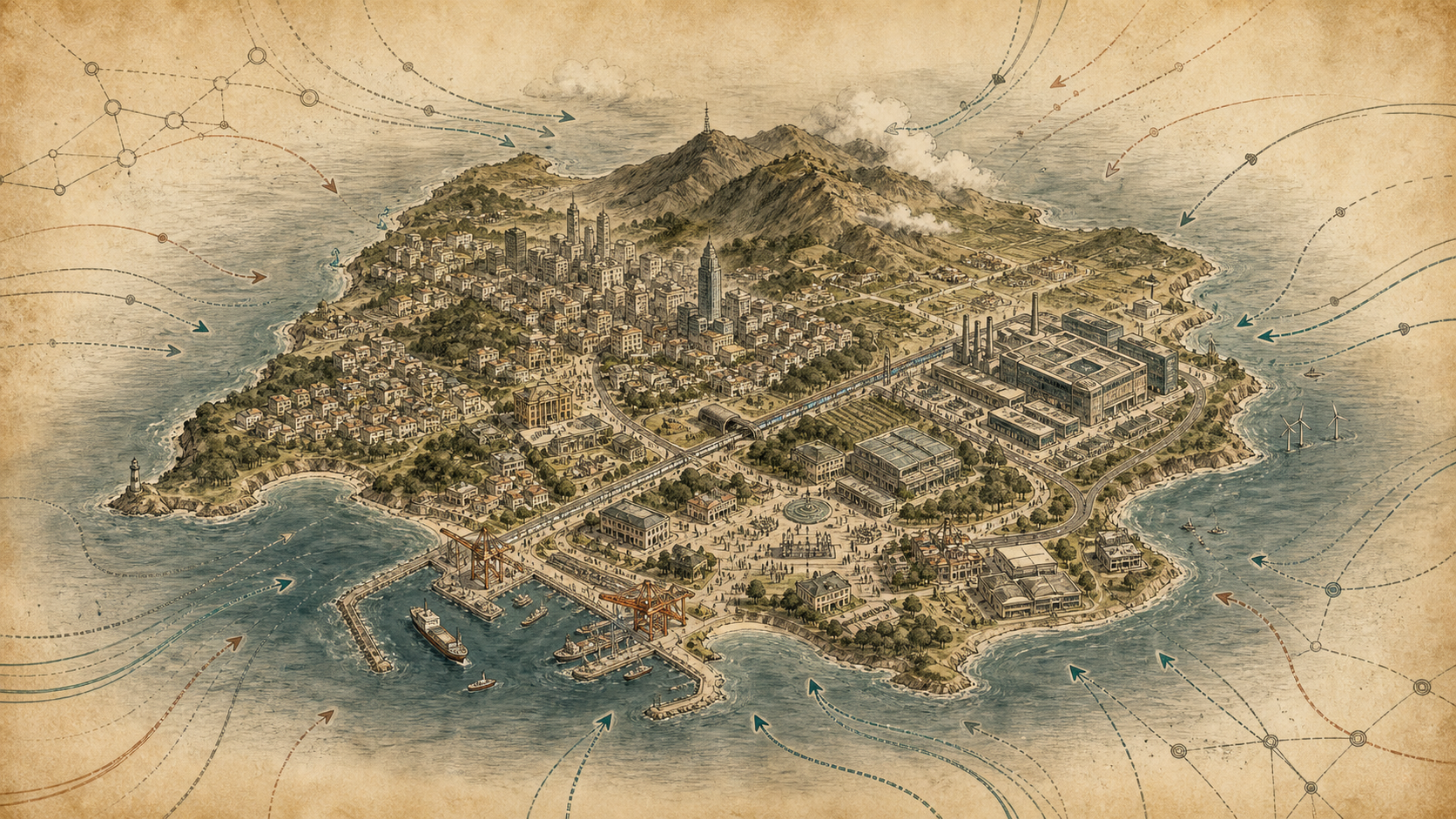 Humanist atlas plate of an island city with neighborhoods, harbor, industry, transit, civic spaces, and external flow arrows around the shoreline.