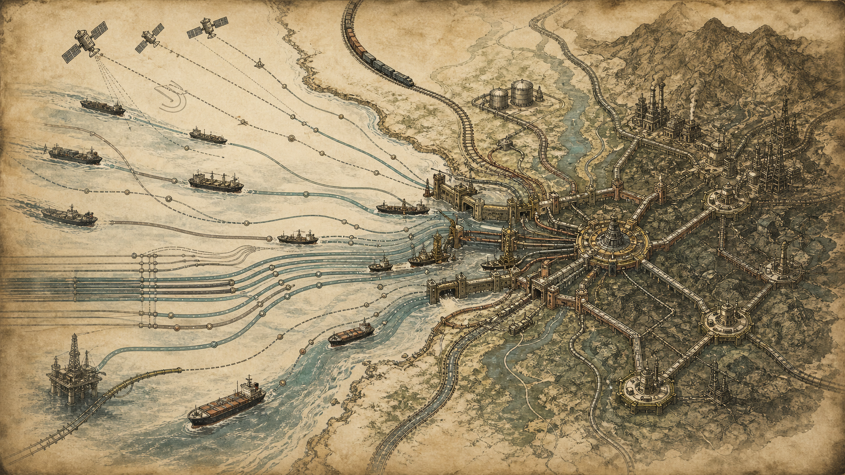 Atlas plate showing maritime, satellite, rail, pipeline, and cable flows converging into fortified gates and industrial nodes on a territorial landmass.