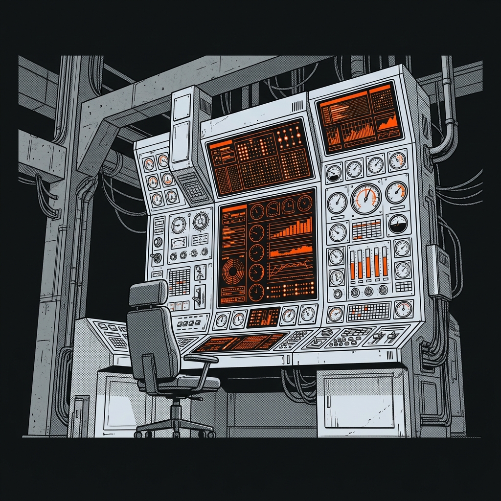 A massive, unyielding industrial control room where the main operator chair is completely empty. The towering control panels are operating autonomously, flooded with hazard orange data streams.