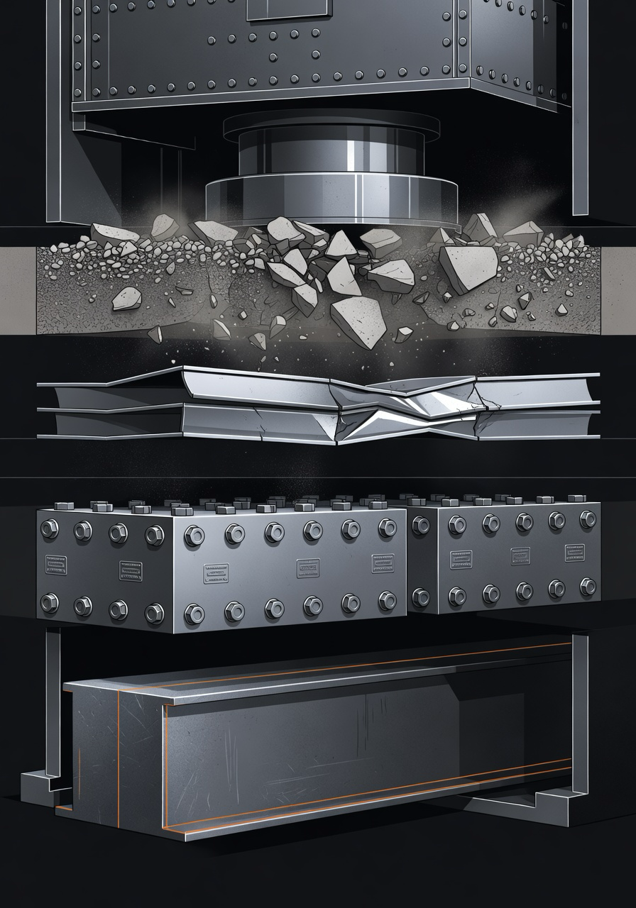 Cross-section of a massive hydraulic press showing four material layers under compression: loose concrete rubble at top, buckling sheet metal, bolted procedural plates, and a solid forged steel beam at the bottom that resists with hazard orange structural lines.