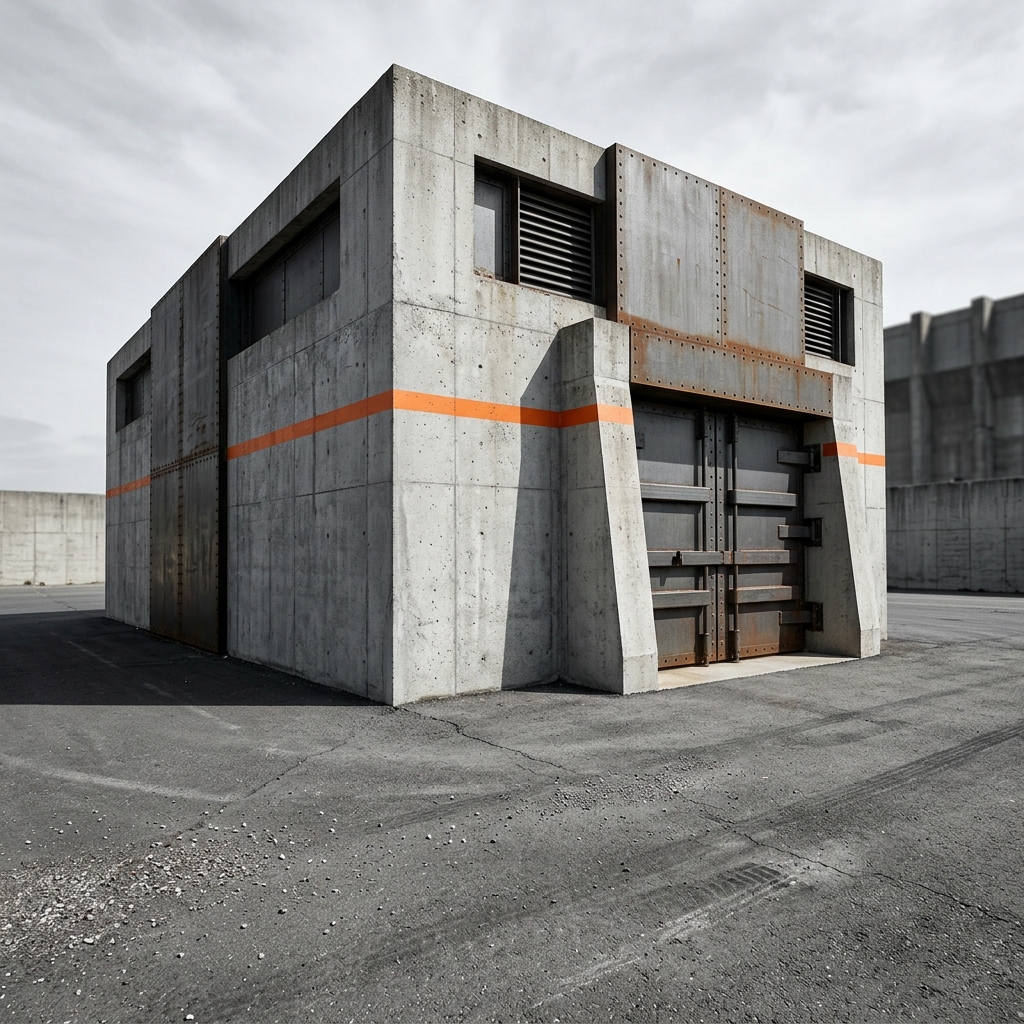 A heavy brutalist industrial vault or bunker on an asphalt background. High contrast, concrete and steel materials, representing independent institutional housing resistant to external forces.