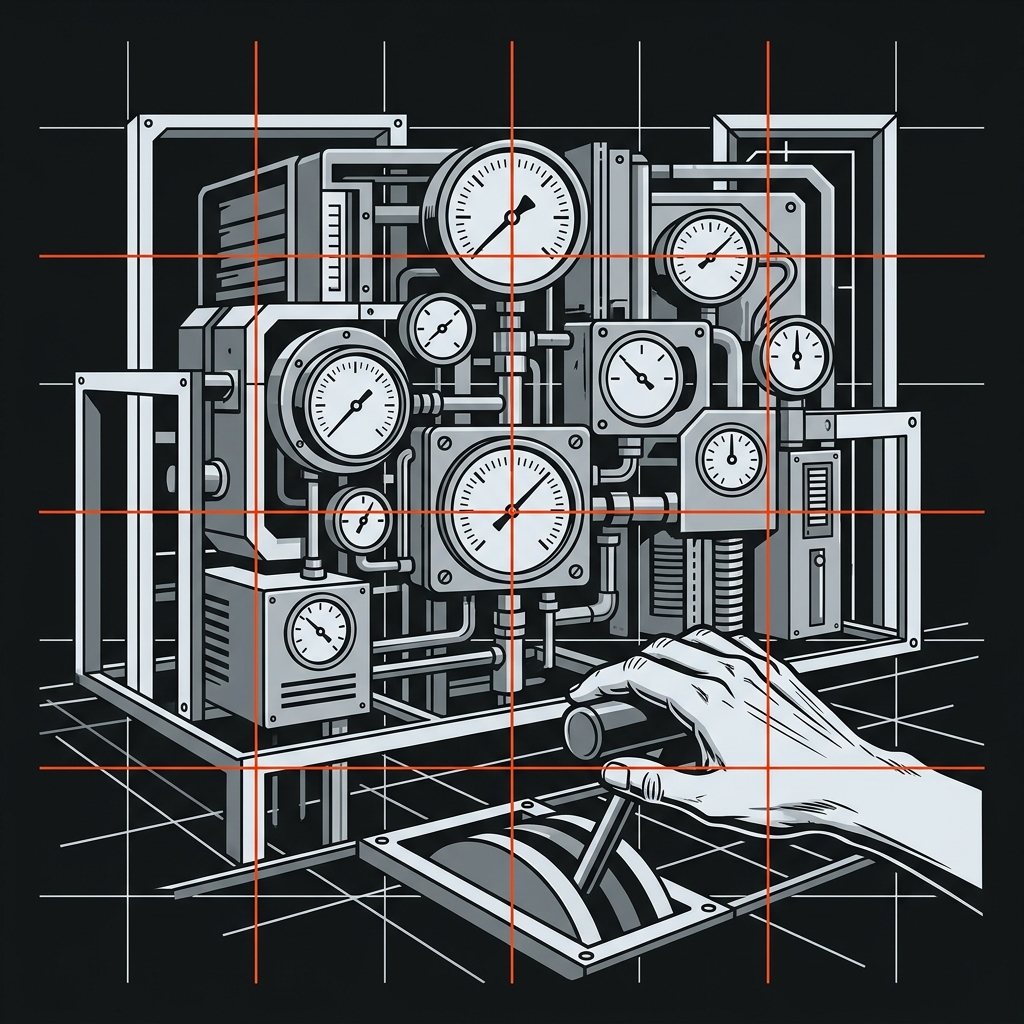 A highly structured array of industrial gauges and laser levels with a human hand on a supervisory lever.