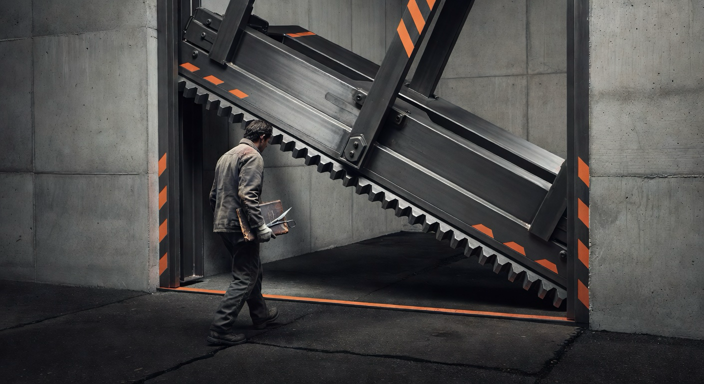 A heavy industrial one-way ratchet gate or hydraulic shear slamming shut behind a figure crossing a concrete threshold while carrying an object of personal stakes that cannot be returned.