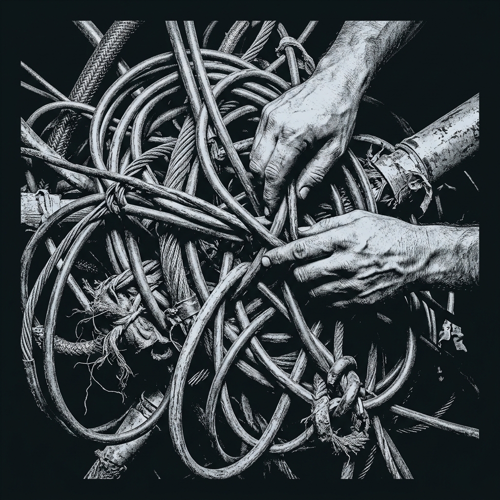 A tangled, unmeasured knot of industrial cables being sorted by feel.