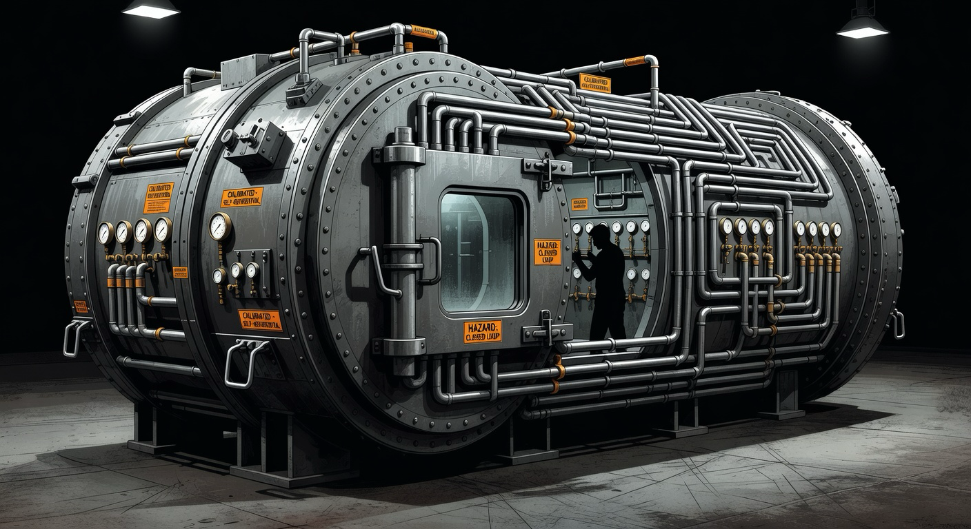 A heavy brutalist industrial sealed test chamber with thick bolted walls, internal recirculating pipes, gauges, and hazard orange calibration labels. All feedback loops remain inside the structure. A silhouetted figure performs a procedure visible through a small thick glass port.