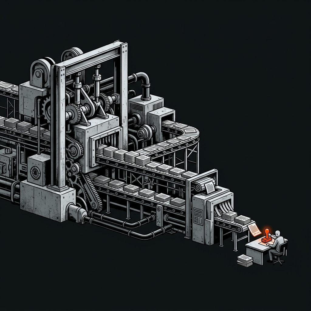 A massive brutalist industrial machine processing countless documents on a conveyor belt. At the very end of the line sits a tiny human desk where a solitary figure ceremonially stamps the outputs with hazard orange ink.