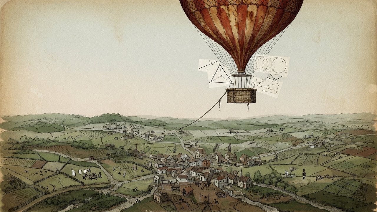 A classical hot-air balloon floats high above a lived landscape, its gondola filled with clean geometric diagrams instead of people.