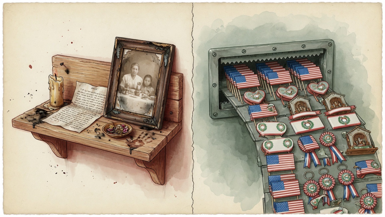 Split scene: a worn household memorial shelf with candle and letter on the left; a machine pouring out mass-produced patriotic trinkets on the right.