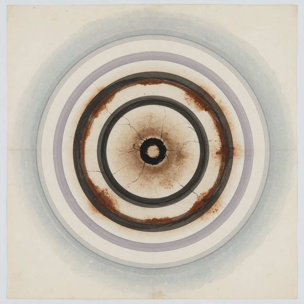 Concentric ink rings on aged paper, denser at the center and thinner toward the outer ring of humanity.