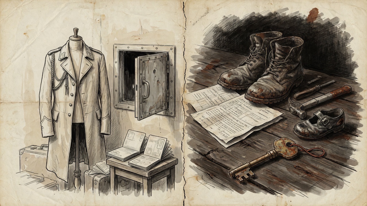 Split scene: a ceremonial coat and open escape hatch with passports on the left; worn boots, tools, a key, and a child's shoe on the right.