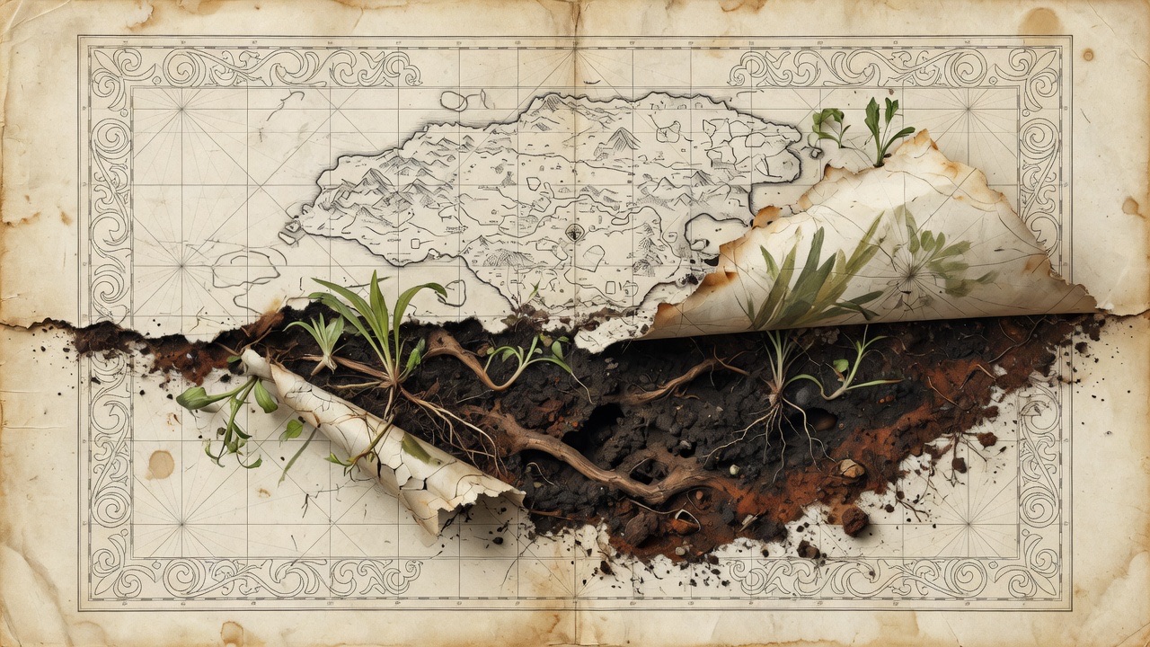An old cartographic map tears open to reveal dark soil, roots, and living plants growing through the paper.