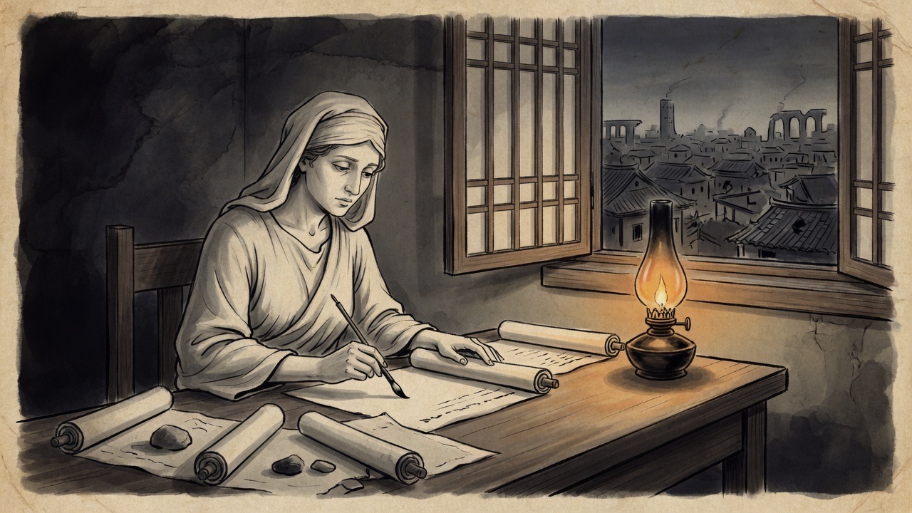 A solitary classical figure writes by lamplight while a flawed city continues beyond the window.