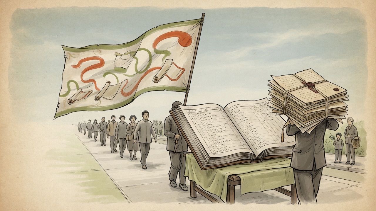A civic procession under an open banner while an archive ledger and stacked documents remain visible in the foreground.
