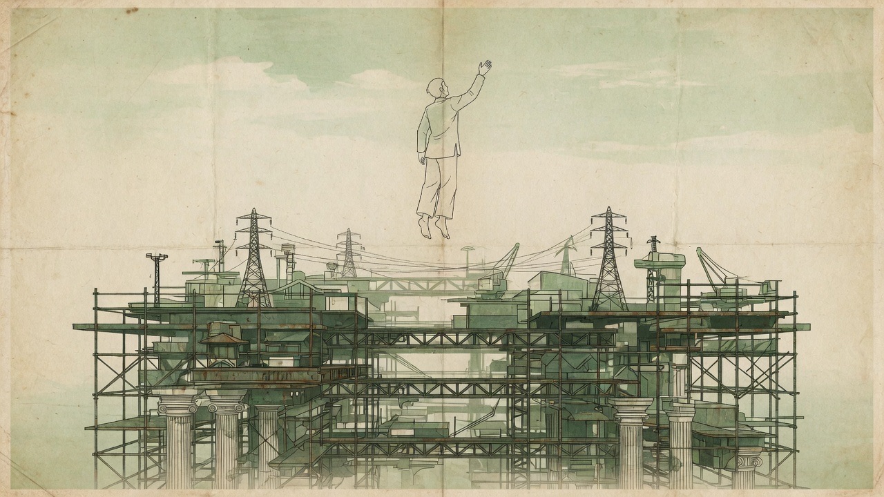 A line-drawn figure floats above a dense platform of scaffolding, columns, power lines, and ports: the invisible institutional ground of post-national freedom.