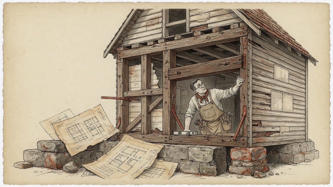 A craftsman carefully checks the load-bearing frame of an old timber house under renovation, blueprints at his feet.
