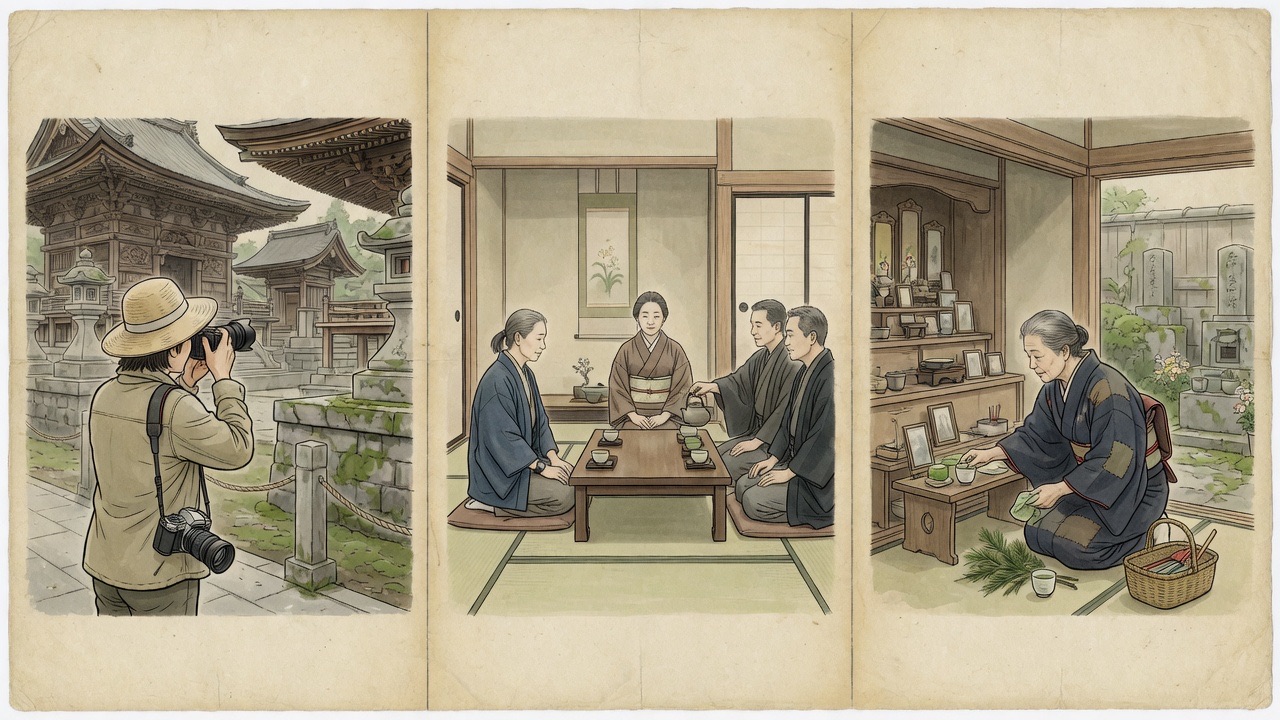 Three-panel scene: a tourist photographing a temple, guests sharing tea with hosts, and a native tending a household altar.