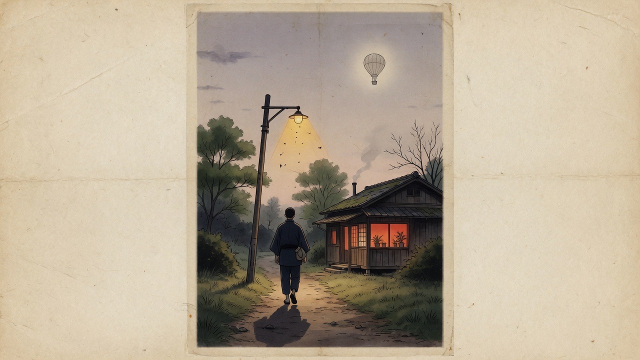 At dusk, a figure walks a dirt path toward a modest house with one warm window light; a faint balloon silhouette remains high in the sky.