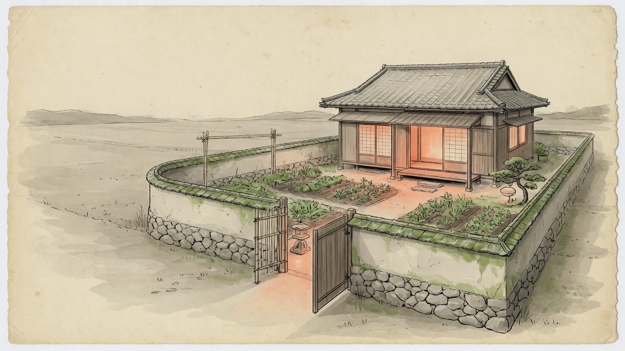 A modest house with a low garden wall and an open gate, warm light in the interior against an open plain outside.